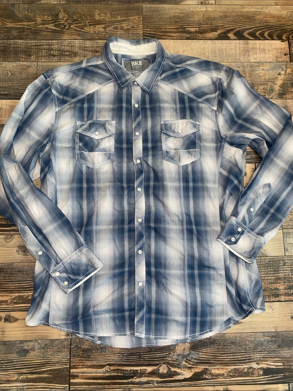 BKE Men's Navy and White Plaid Western with pearl snap Button-Down Shirt